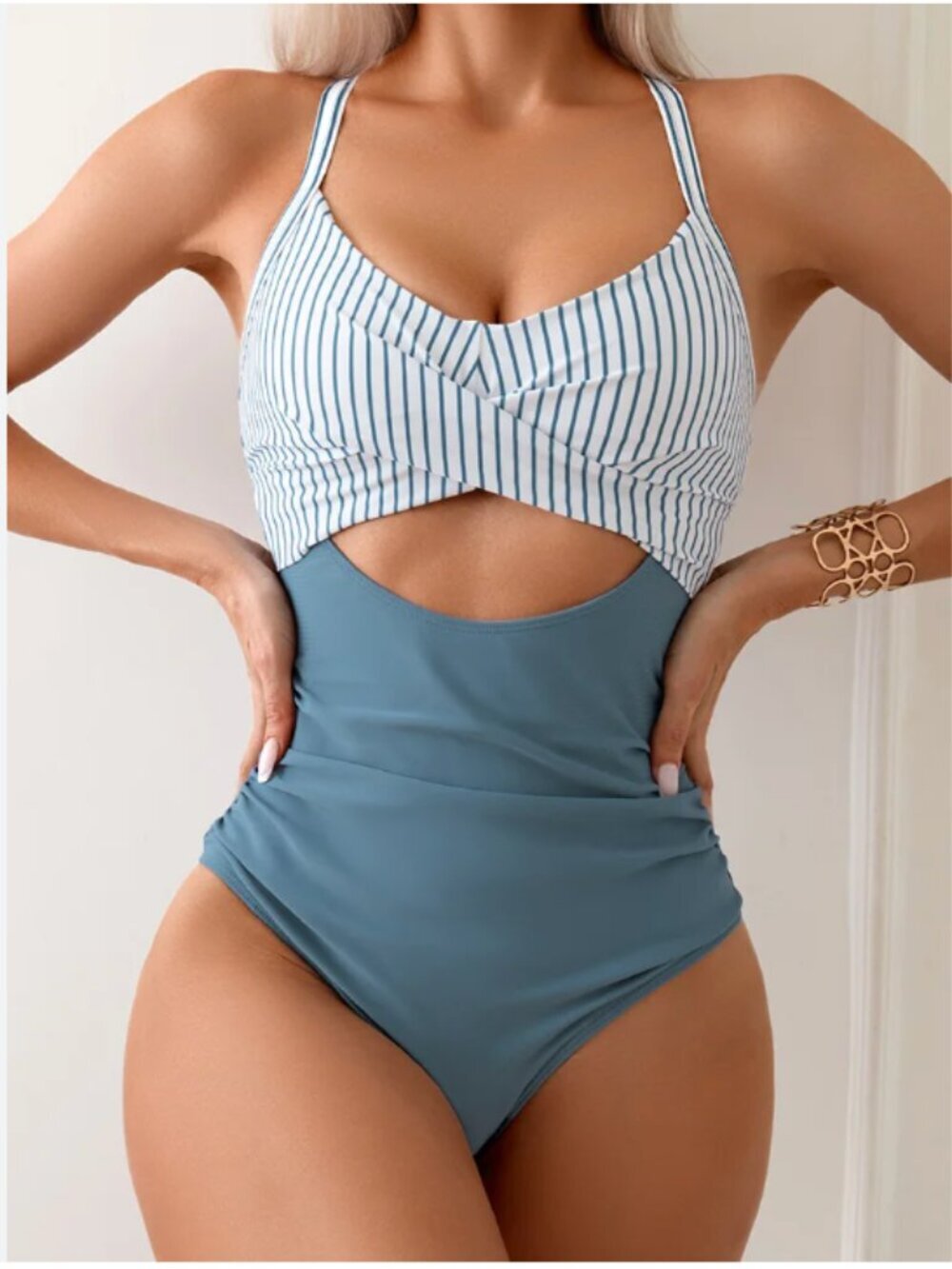 NEW Eomenie One-Piece Tummy Control Bathing Suit, Teal Blue, White, Stripes 18W